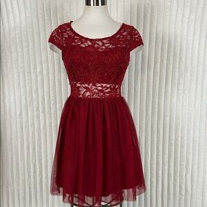 Charlotte Russe red cap sleeve lace peekaboo top tulle mesh skirt mini dress M